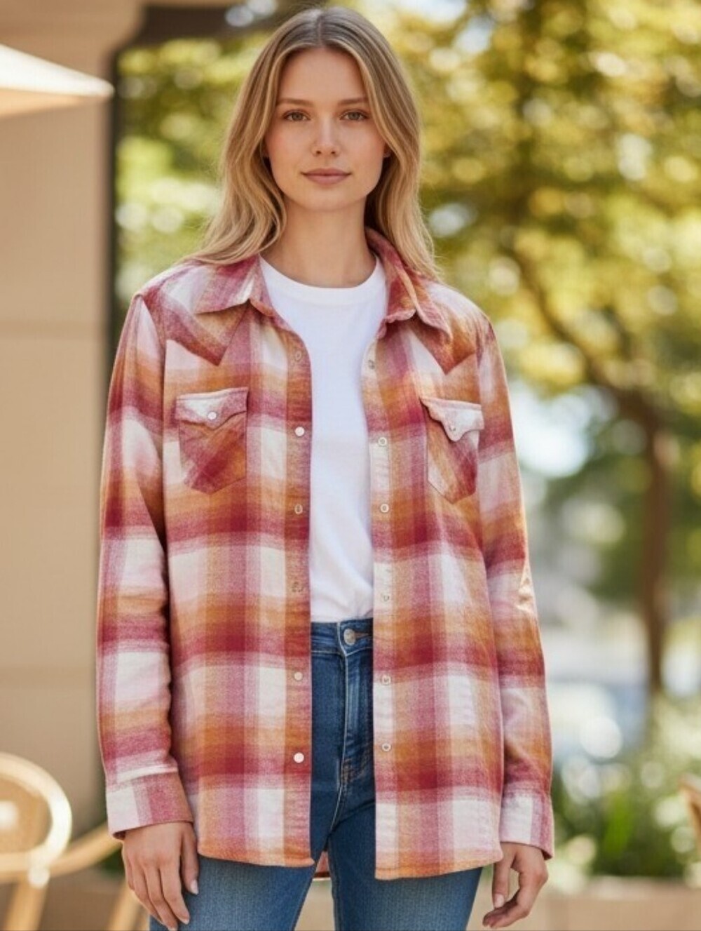 Wrangler Women's Plaid Button-Front Short Sleeve Shirt - Pink, Orange, White
